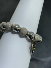 LIV Platinum Sterling Silver Diamond Cut Bead Design Stretch Halo Hand Made Tennis Dangle Stack Bracelet Gift