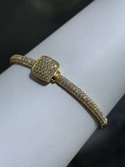 LIV 18k Yellow Gold Sterling Silver Pave White Sapphire Cushion Design Halo Hand Made Bangle Stack Bracelet Gift