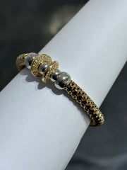 LIV 18k Yellow Gold Sterling Silver Diamond Cut Bead Design Halo Mesh Hand Made Stretch Bangle Stack Bracelet Gift