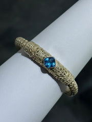 LIV Sterling Silver .925 Blue Topaz Unique Vintage Design Hand Made Bali Soft Bangle Stack Bracelet Gift