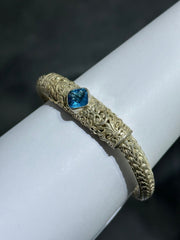 LIV Sterling Silver .925 Blue Topaz Unique Vintage Design Hand Made Bali Soft Bangle Stack Bracelet Gift