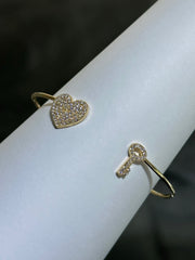 LIV 18k Yellow Gold Sterling Silver Pave White Sapphire Heart & Key Design Hand Made Stackable Cuff Bangle Bracelet Gift