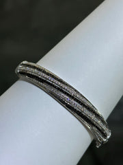 LIV Platinum Sterling Silver Pave Black & White Sapphire Wide Swirl Design Hand Made Stackable Bangle Bracelet Gift