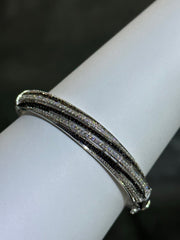 LIV Platinum Sterling Silver Pave Black & White Sapphire Wide Swirl Design Hand Made Stackable Bangle Bracelet Gift