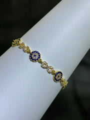 LIV 18k Yellow Gold Sterling Silver Blue & White Sapphire Bezel Halo Design Evil Eye Hand Made Stackable Adjustable Tennis Bracelet Gift