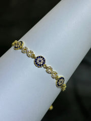 LIV 18k Yellow Gold Sterling Silver Blue & White Sapphire Bezel Halo Design Evil Eye Hand Made Stackable Adjustable Tennis Bracelet Gift