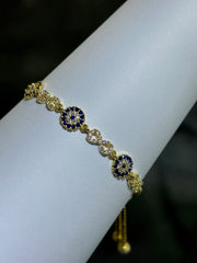LIV 18k Yellow Gold Sterling Silver Blue & White Sapphire Bezel Halo Design Evil Eye Hand Made Stackable Adjustable Tennis Bracelet Gift