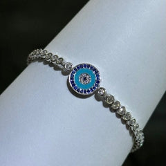 LIV Platinum Sterling Silver Blue & White Sapphire Bezel Halo Design Hamsa Evil Eye Hand Made Stackable Adjustable Tennis Bracelet
