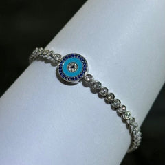 LIV Platinum Sterling Silver Blue & White Sapphire Bezel Halo Design Hamsa Evil Eye Hand Made Stackable Adjustable Tennis Bracelet