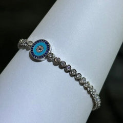 LIV Platinum Sterling Silver Blue & White Sapphire Bezel Halo Design Hamsa Evil Eye Hand Made Stackable Adjustable Tennis Bracelet