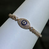 LIV 18k Rose Gold Sterling Silver Blue & White Sapphire Bezel Halo Evil Eye Hamsa Hand Made Stackable Adjustable Tennis Bracelet
