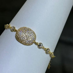 LIV 18k Yellow Gold Sterling Silver Pave White Sapphire Bezel Halo Bean Design Hand Made Stackable Tennis Bracelet Gift