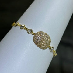 LIV 18k Yellow Gold Sterling Silver Pave White Sapphire Bezel Halo Bean Design Hand Made Stackable Tennis Bracelet Gift