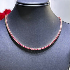 LIV 18k Yellow Gold Sterling Silver Simulated Red Ruby Round Cut 2.5mm Design Choker Tennis Necklace Gift Adjustable Length