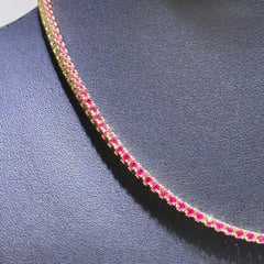 LIV 18k Yellow Gold Sterling Silver Simulated Red Ruby Round Cut 2.5mm Design Choker Tennis Necklace Gift Adjustable Length
