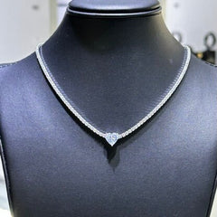 LIV Platinum Sterling Silver Simulated White Sapphires Heart Stone Design Choker Tennis Necklace Gift Adjustable Length