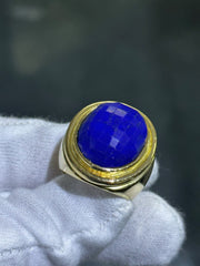 LIV 14k Yellow Gold Blue Lapis Lazuli Large Checkerboard Cut Oval Stone Ring Sz 9.5
