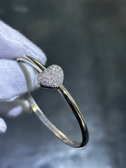 LIV 14k White Gold Natural White Diamonds Pave Heart Bangle Bracelet 17.1 Grams Gift