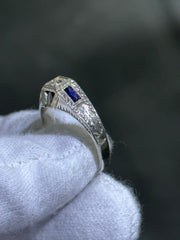 LIV 14k White Gold Diamonds & Blue Sapphire Vintage Engagement Band Ring Sz 9 Gift
