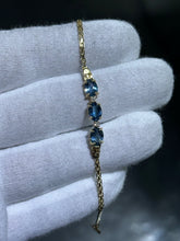 LIV 14k Yellow Gold Blue Topaz Oval Cut Design Wheat Link Stack Bracelet 7" Length