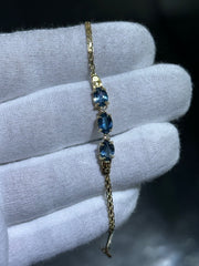 LIV 14k Yellow Gold Blue Topaz Oval Cut Design Wheat Link Stack Bracelet 7" Length