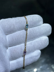 LIV 14k Yellow Gold Gemstone Station Design Wheat Link Stack Bracelet 7" Length Gift