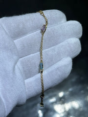 LIV 14k Yellow Gold Gemstone Station Design Wheat Link Stack Bracelet 7" Length Gift