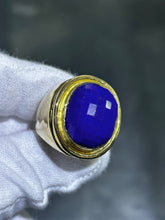 LIV 14k Yellow Gold Blue Lapis Lazuli Large Checkerboard Cut Oval Stone Ring Sz 9.5