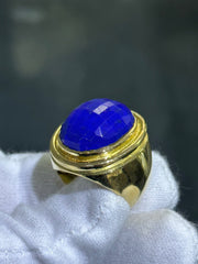 LIV 14k Yellow Gold Blue Lapis Lazuli Large Checkerboard Cut Oval Stone Ring Sz 9.5