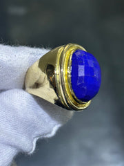 LIV 14k Yellow Gold Blue Lapis Lazuli Large Checkerboard Cut Oval Stone Ring Sz 9.5