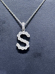 LIV 14k White Gold & Natural Diamonds Initial S Design Letter Alphabet Necklace 16"L