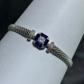 LIV Platinum Sterling Silver Blue Sapphire Cushion Halo Mesh Tennis Bracelet 7" Gift