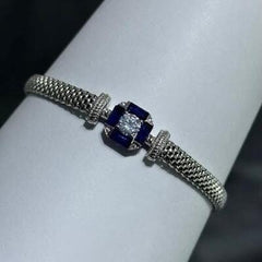 LIV Platinum Sterling Silver Blue Sapphire Cushion Halo Mesh Tennis Bracelet 7" Gift
