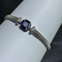 LIV Platinum Sterling Silver Blue Sapphire Cushion Halo Mesh Tennis Bracelet 7" Gift