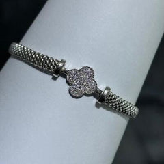 LIV Platinum Sterling Silver White Sapphire Clover Halo Mesh Tennis Bracelet 7" Gift