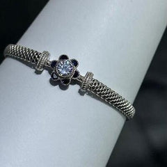 LIV Platinum Sterling Silver Blue Sapphire Flower Halo Mesh Tennis Bracelet 7" Gift
