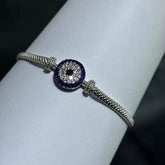 LIV Platinum Sterling Silver Blue Sapphire Evil Eye Halo Mesh Tennis Bracelet 7"L