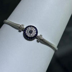 LIV Platinum Sterling Silver Blue Sapphire Evil Eye Halo Mesh Tennis Bracelet 7"L