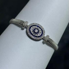 LIV Platinum Sterling Silver Blue Sapphire Oval Halo Mesh Tennis Bracelet 7" Length