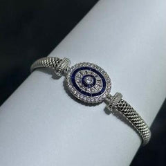 LIV Platinum Sterling Silver Blue Sapphire Oval Halo Mesh Tennis Bracelet 7" Length