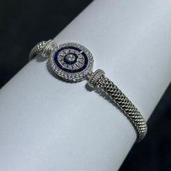 LIV Platinum Sterling Silver Blue Sapphire Oval Halo Mesh Tennis Bracelet 7" Length