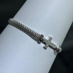 LIV Platinum Sterling Silver White Sapphire Pave Cross Mesh Tennis Bracelet 7" L