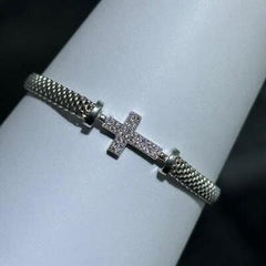 LIV Platinum Sterling Silver White Sapphire Pave Cross Mesh Tennis Bracelet 7" L