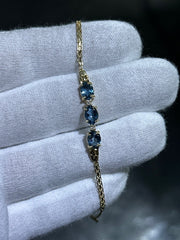 LIV 14k Yellow Gold Blue Topaz Oval Cut Design Wheat Link Stack Bracelet 7" Length