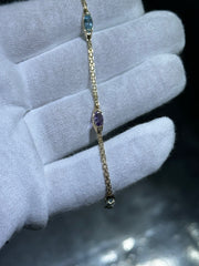 LIV 14k Yellow Gold Gemstone Station Design Wheat Link Stack Bracelet 7" Length Gift