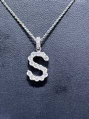LIV 14k White Gold & Natural Diamonds Initial S Design Letter Alphabet Necklace 16"L