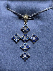 LIV 14k Solid Yellow Gold Natural White Diamonds & Blue Sapphire Cross Pendant