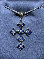 LIV 14k Solid Yellow Gold Natural White Diamonds & Blue Sapphire Cross Pendant