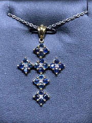 LIV 14k Solid Yellow Gold Natural White Diamonds & Blue Sapphire Cross Pendant