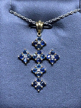 LIV 14k Solid Yellow Gold Natural White Diamonds & Blue Sapphire Cross Pendant